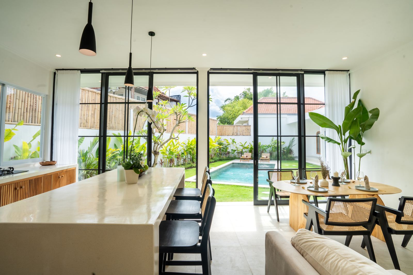 Open-plan kitchen and living room at Villa Guerrero, available for monthly rental in Canggu