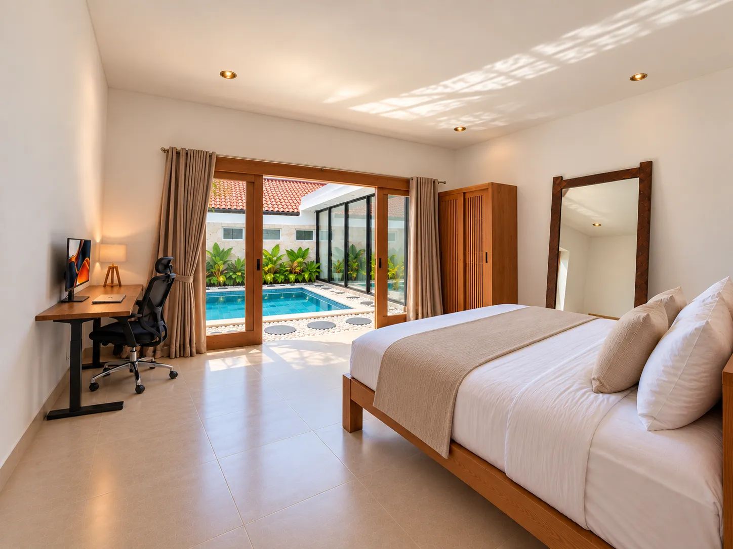 Private room at Villa Lagom with standing desk and pool view