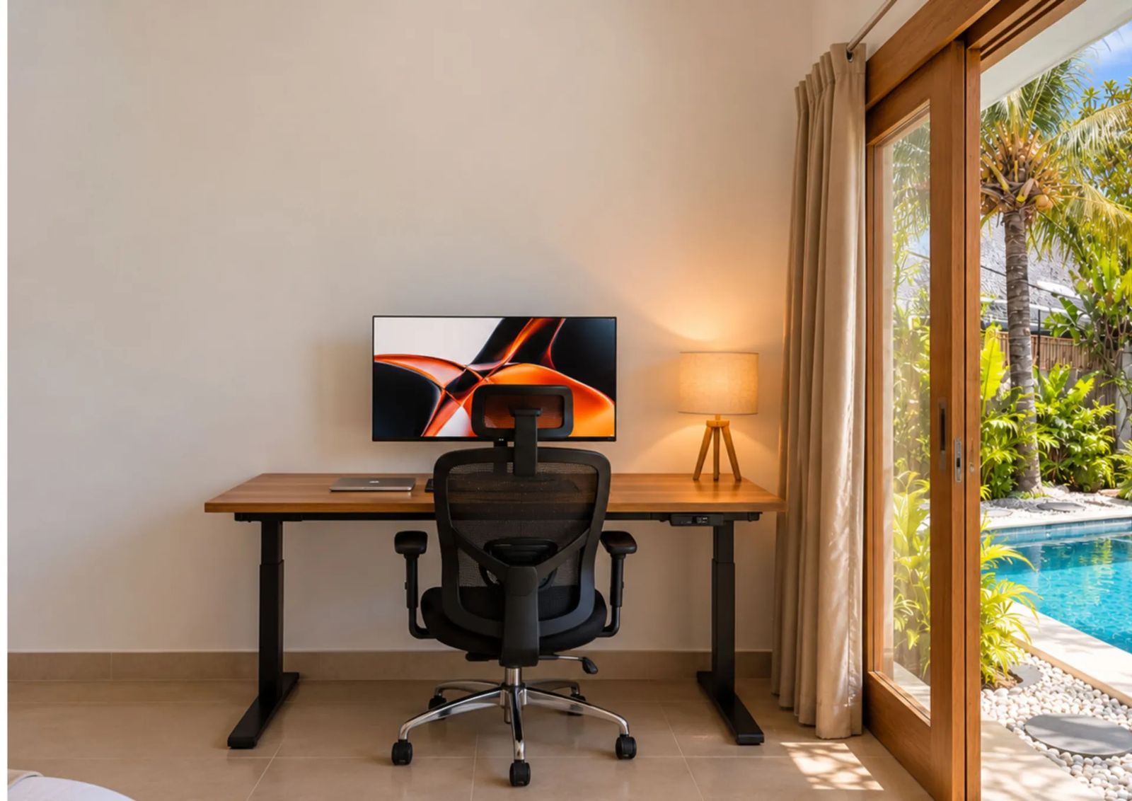 Standing desk, ergonomic chair and 4K monitor in the room