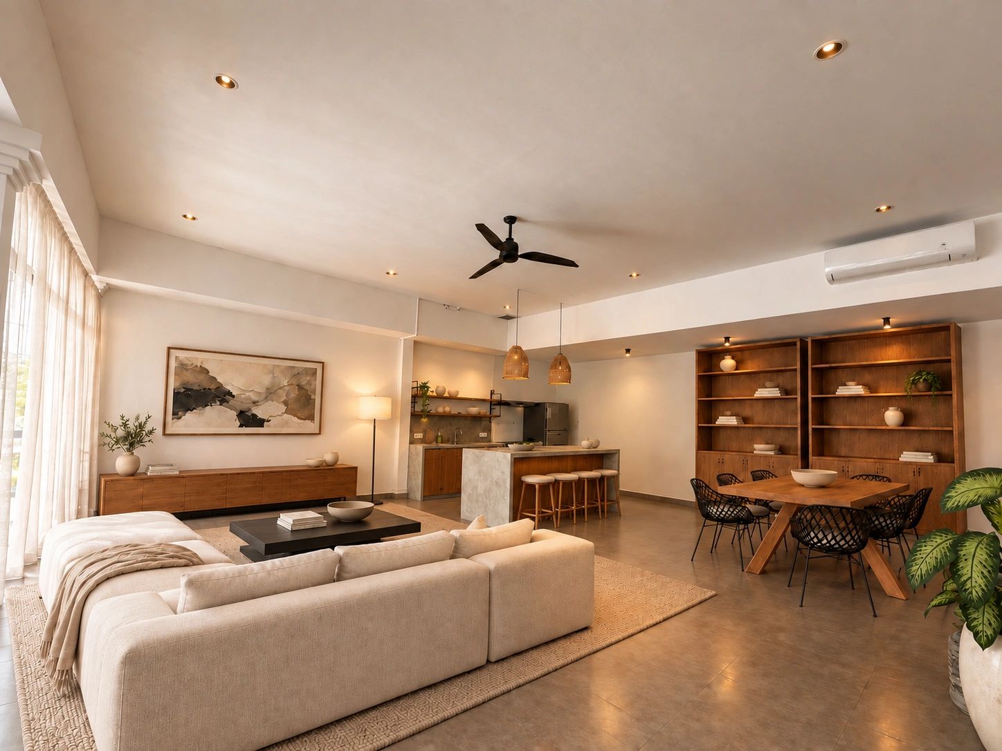 Shared living room, kitchen island and dining table